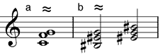 übermäßig-verminderter Dreiklang enharmonisch verwechselt als (a) Dreiklang mit Quartvorhalt - (b) vermindert-übermäßiger Dreiklang