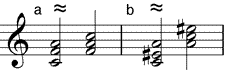 dreifach übermäßiger Dreiklang enharmonisch verwechselt als (a) Dur-Dreiklang - (b) moll-übermäßiger Dreiklang